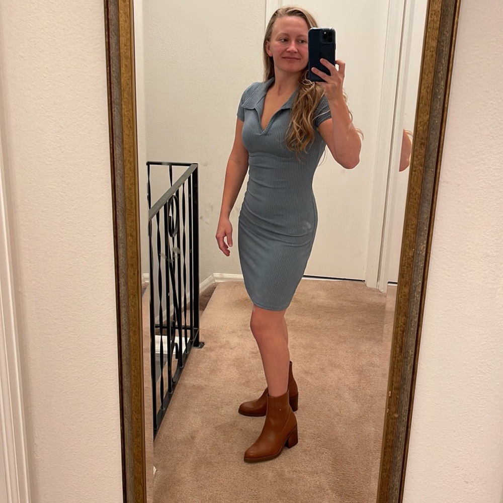 Blue Antistar Small Collared Polo Mini Dress Ribbed and Fitted